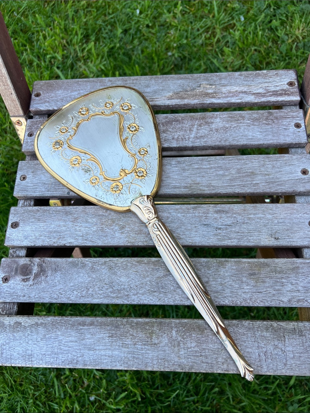 Source Unknown Gold and Silver Floral Hand Mirror